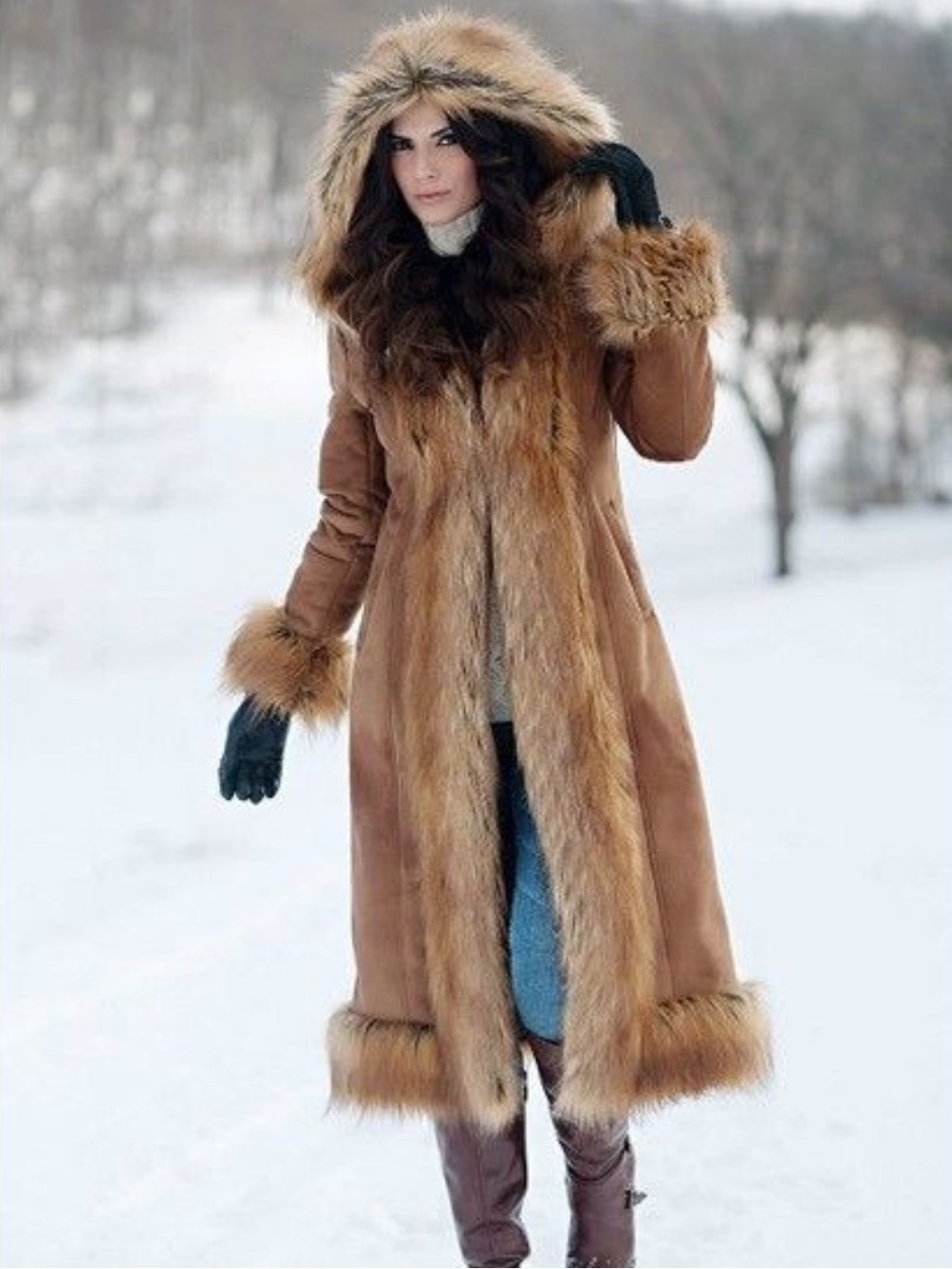 Donna Salyers Fabulous Furs Faux Suede Fur Trim Hooded Maxi Coat L